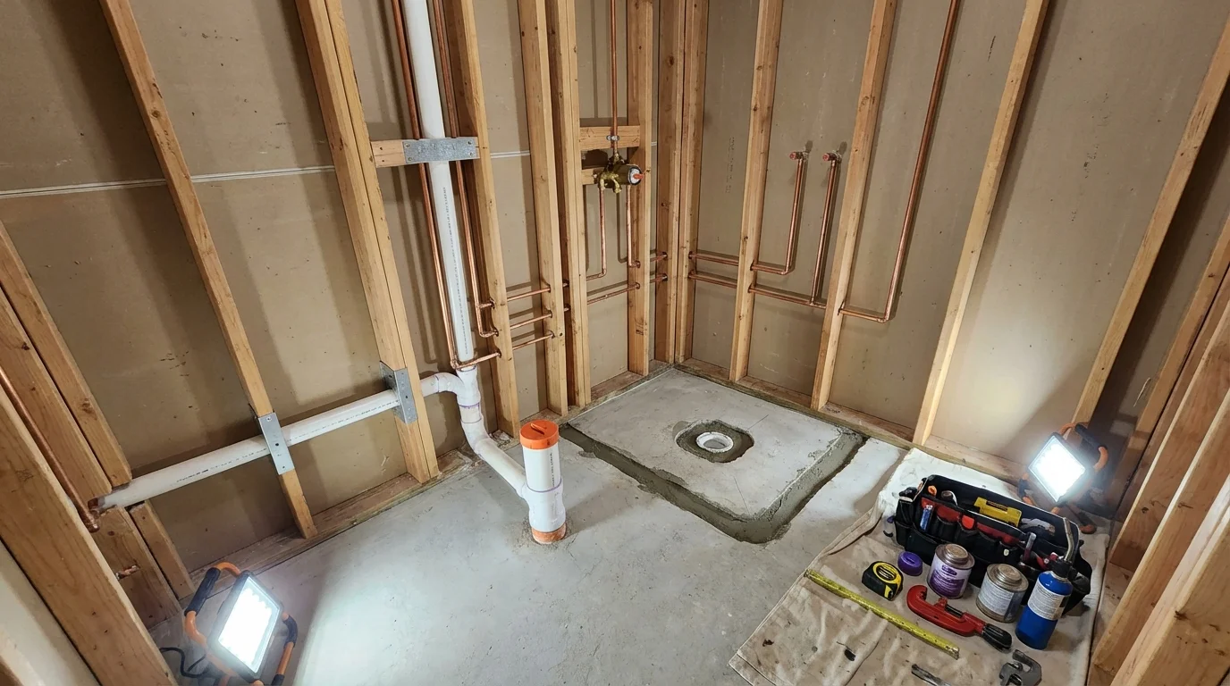 Bathroom rough-in plumbing during remodel by Johns Plumbing LLC in Boling