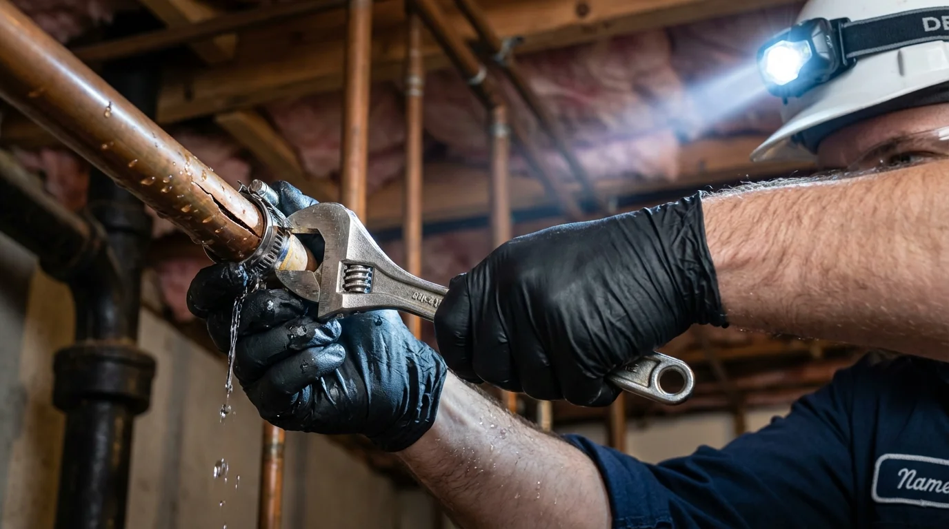 Emergency pipe clamp repair being performed by a Johns Plumbing LLC plumber in Boling