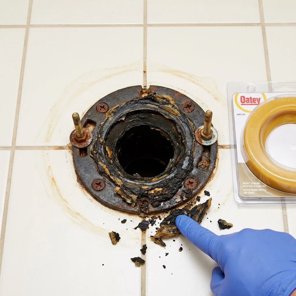 Failed wax ring showing water seepage at the base of a toilet in a Boling, TX home