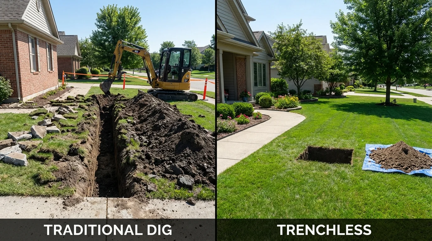 Trenchless sewer repair with minimal yard damage versus traditional excavation in Boling, TX